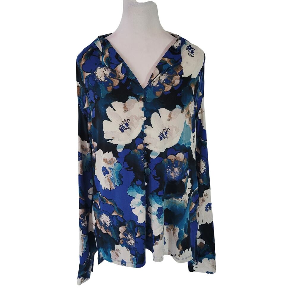 Calvin Klein Size L Night Garden In Bloom Blue Blouse Notched‎ V-Neck Popover